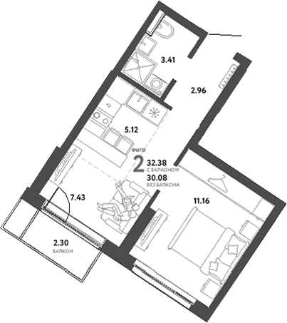 Планировка 2Е-к.кв, 32,38 м² в ЖК Сибирский сад